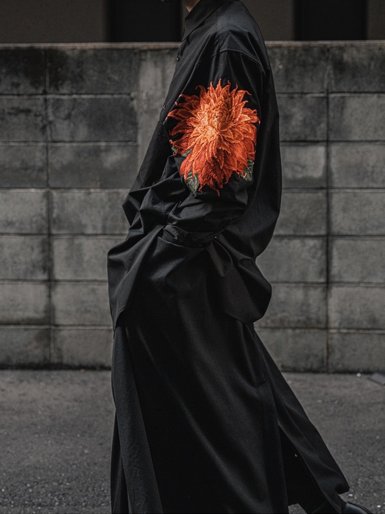 Yamamoto yaosi red dalihua camisa bordada floral Yohji oscuro hombres y mujeres de la misma camisa suelta de manga larga