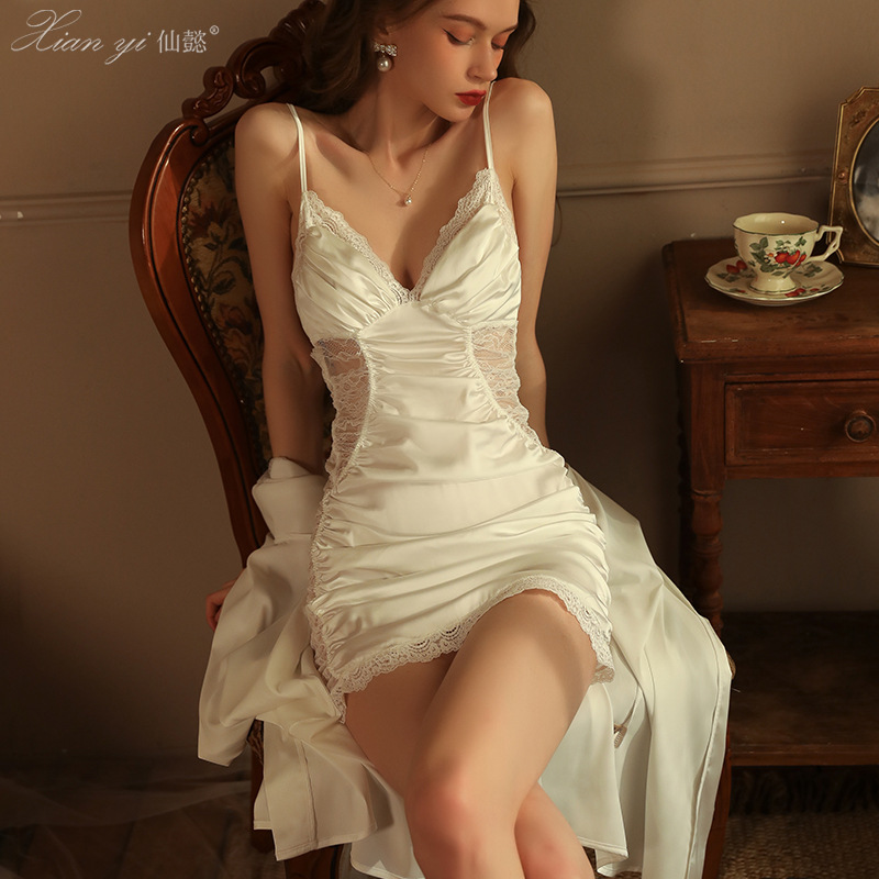 Xianyi Pure Desire Autumn and Winter Sexy Lace Pajamas Women's High-Quality Satin Thin Home Master Suspender Skirt 454