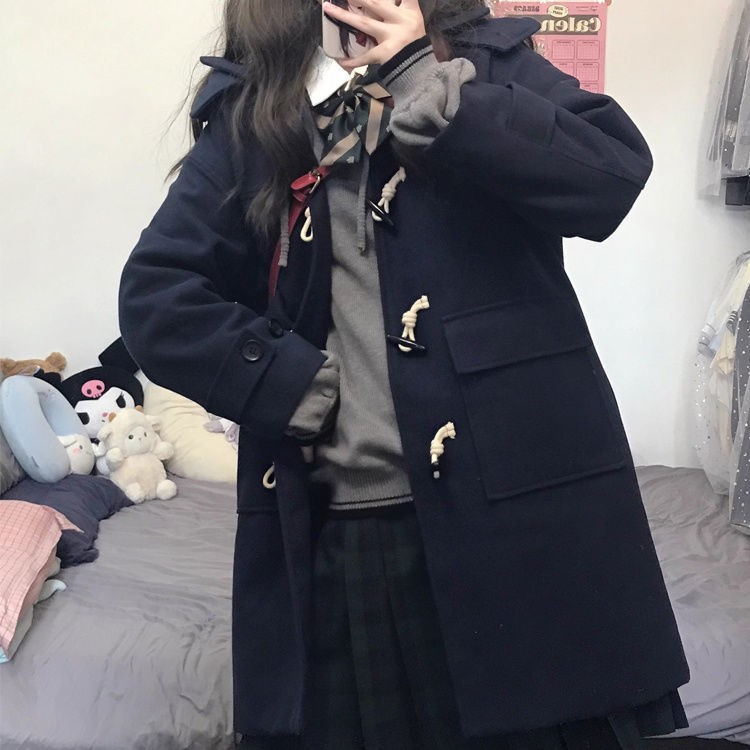 日系新款牛角扣jk制服毛呢外套秋冬叠穿中长款夹棉加厚小个子大衣