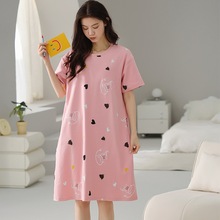 短袖睡裙女夏纯棉中裙学生宿舍连衣裙特尼芙全棉家居服17慵懒风