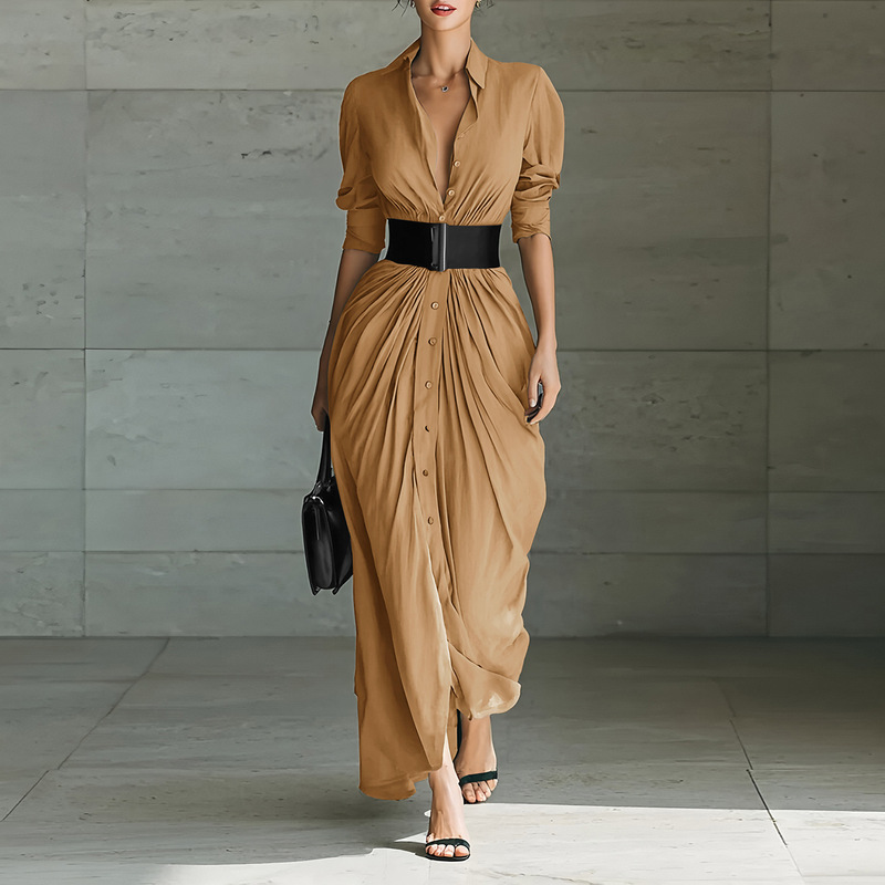 European and American Cross-Border Independent Website 2026 Spring and Autumn New Fashion Stylish Lapel Button-Down Shirt-Style Dress with Belt