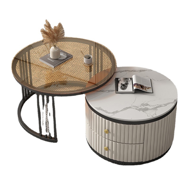 Mesa de café nórdica moderna simple apartamento pequeño Placa de roca mesa de café combinación redonda Luz de lujo sala de estar mesa de té en casa estilo crema