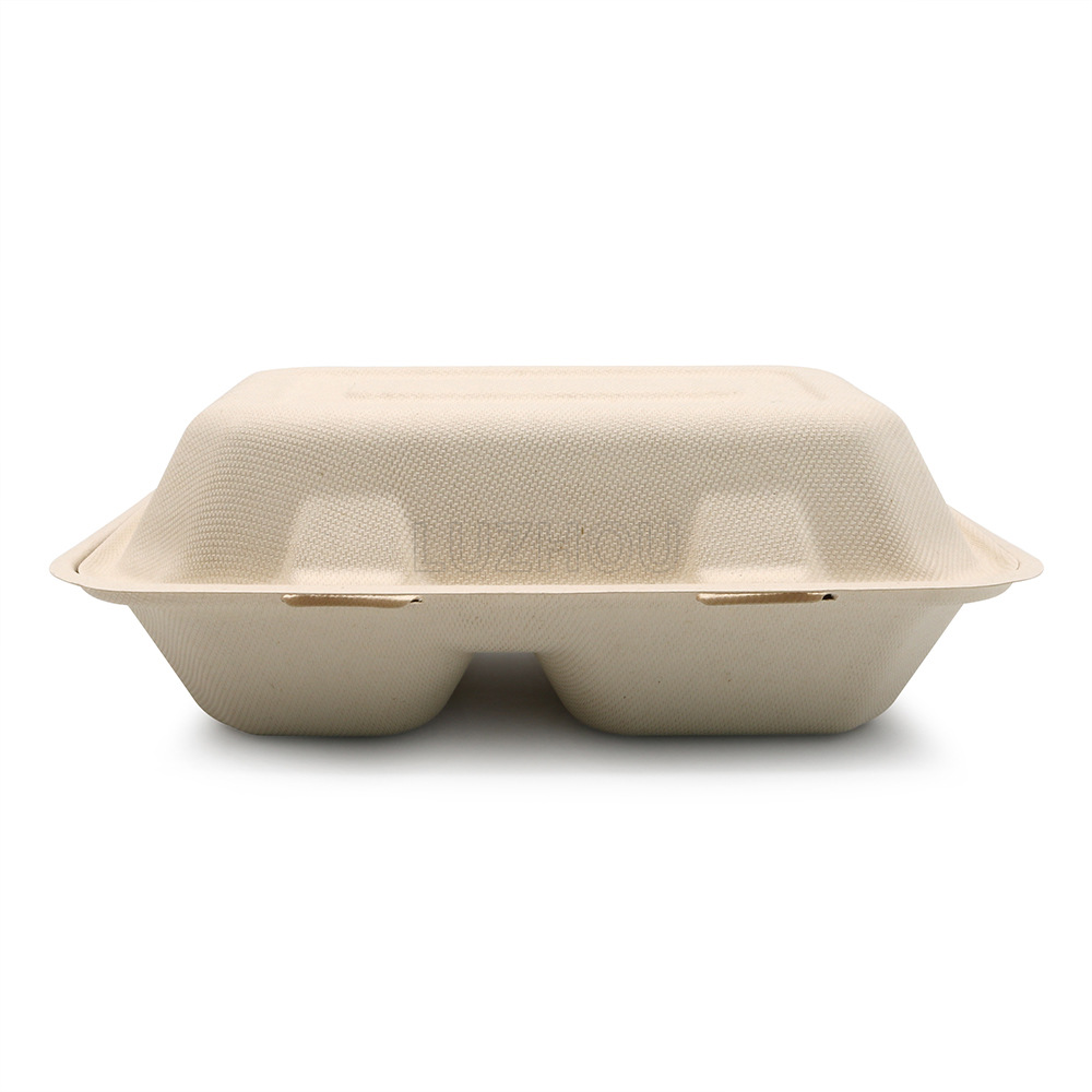 Shaogeng oasis Pulpa de caña de azúcar Pulpa de bambú 9 pulgadas caja de almuerzo de dos rejillas caja de cerradura respetuosa con el medio ambiente vajilla desechable degradable compostable