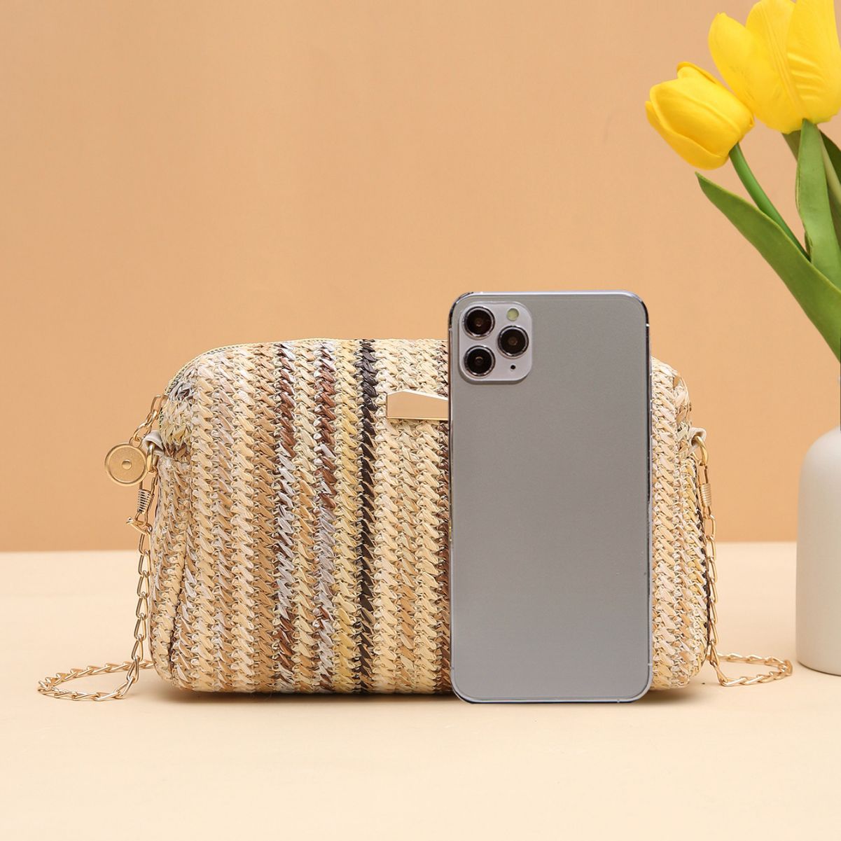 Rainbow straw bag 2023girl handbags woven camera bag versatile girls messenger bag chain bag_voghion.com