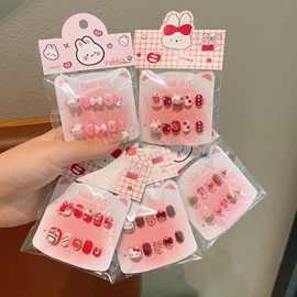 新款儿童猫咪红色穿戴甲指甲贴kt猫美甲片可拆卸手工甲片摆摊批发