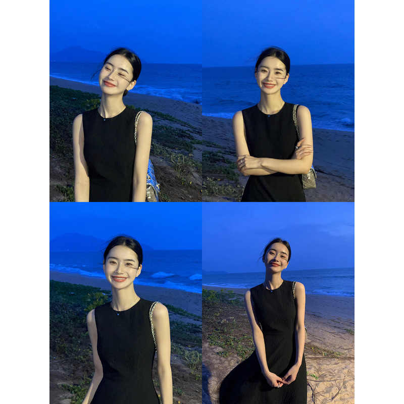 pusumede高级感背心连衣裙女新款法式气质长裙无袖收腰肌理感裙子|undefined