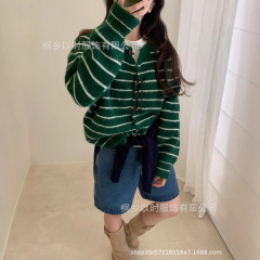 以时 撞色条纹毛衣25秋冬季新款 经典条纹复古百搭软糯针织外套女