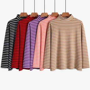 Spring and Autumn Women's Autumn Clothes German Velvet Striped Long Sleeve Brushed Loose Extra Large Street Stall Middle-Aged and Elderly Ladieswears Bottoming Autumn Clothes
