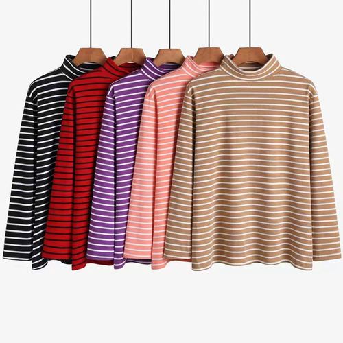 Women's Autumn Top, Fleece-lined Striped Long-sleeved Brushed Loose Plus-size Floor-length Comfortable Mom Base Shirt for Autumn