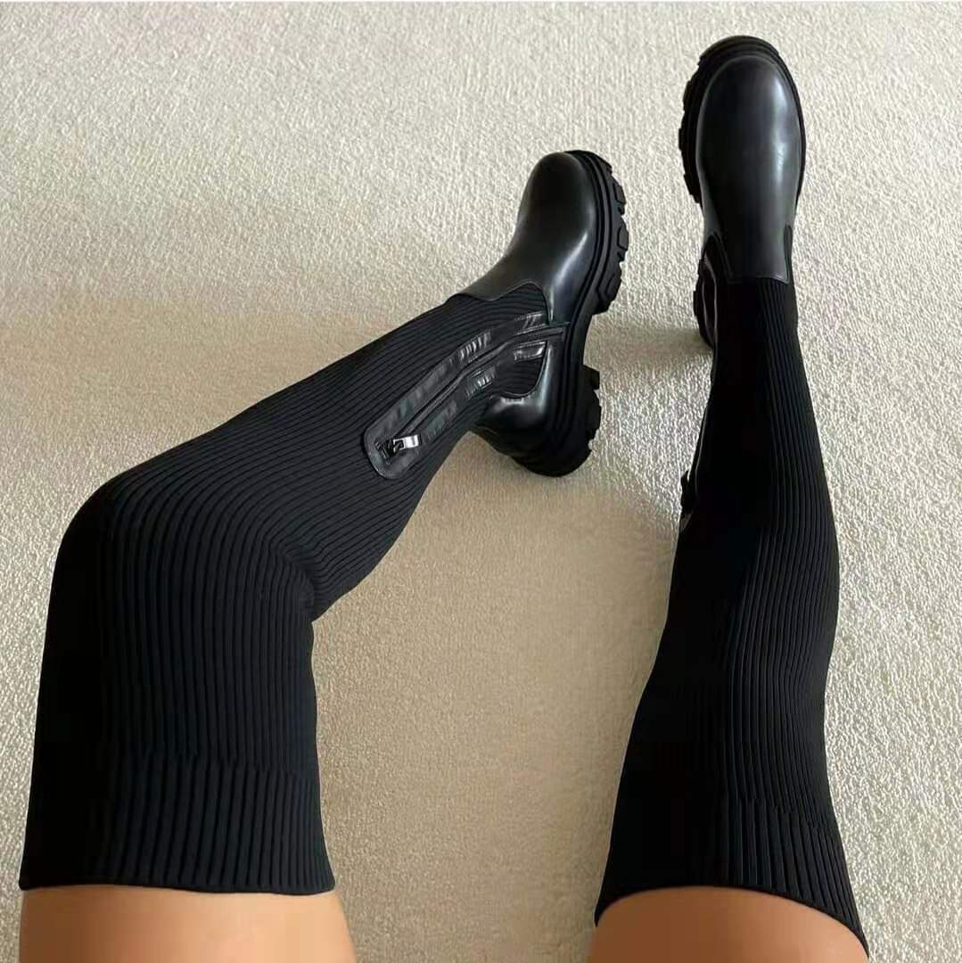 Autumn and Winter Thick-Soled Round-Toe Knitted Patchwork Over-The-Knee Women's Boots 2021 Large Size Elastic Fly-Knit Wool Long Boots Height-Increasing and Slimming