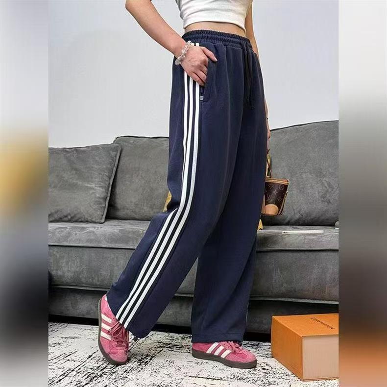 Cross-border embroidered three-leaf casual straight-leg sweatpants, unisex, suitable for spring and autumn, loose fit, sporty style, with three stripes, trendy long pants