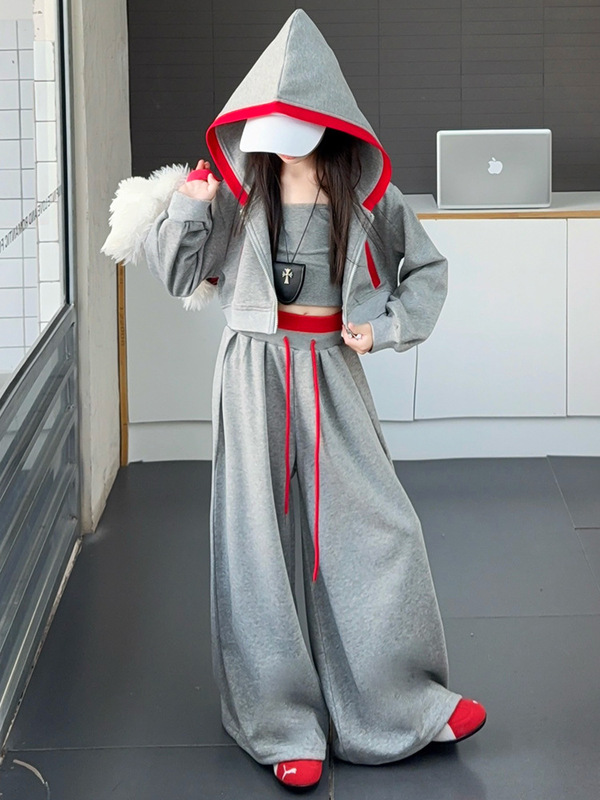 女童套装秋季2025新款洋气大童春秋装韩版连帽外套儿童潮酷三件套|undefined