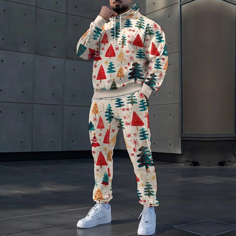 2025 Autumn and Winter Men's David Clothes Christmas Pattern Hoodie and Sweatpants Set Casual Sportswear Two-Piece Set