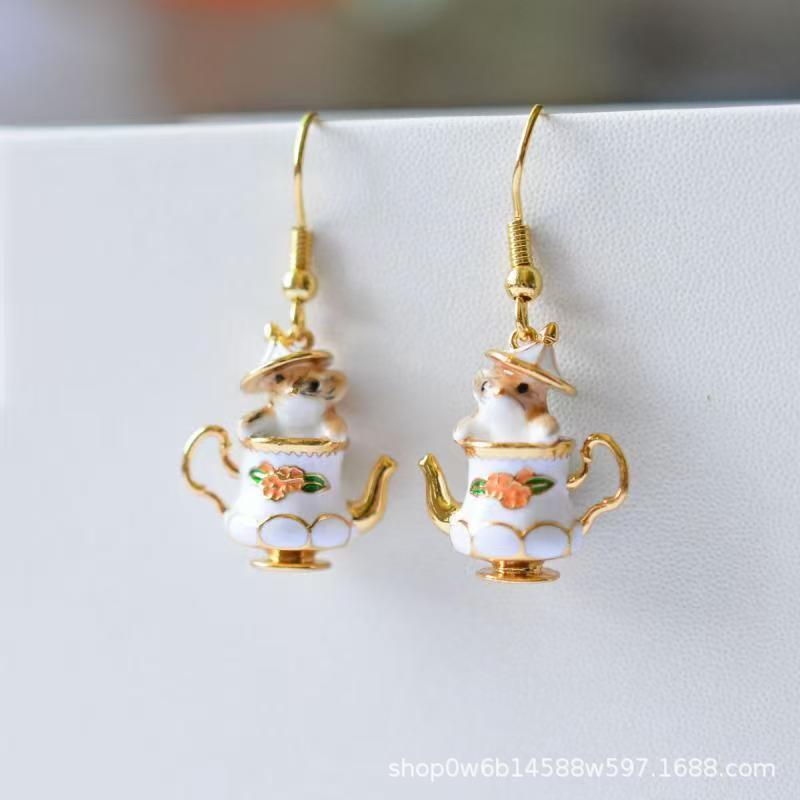 European and American Creative Cute Cartoon Teacup Chipmunk Earrings Necklace Handmade Glue Zodiac Rat Pendant Set for Women