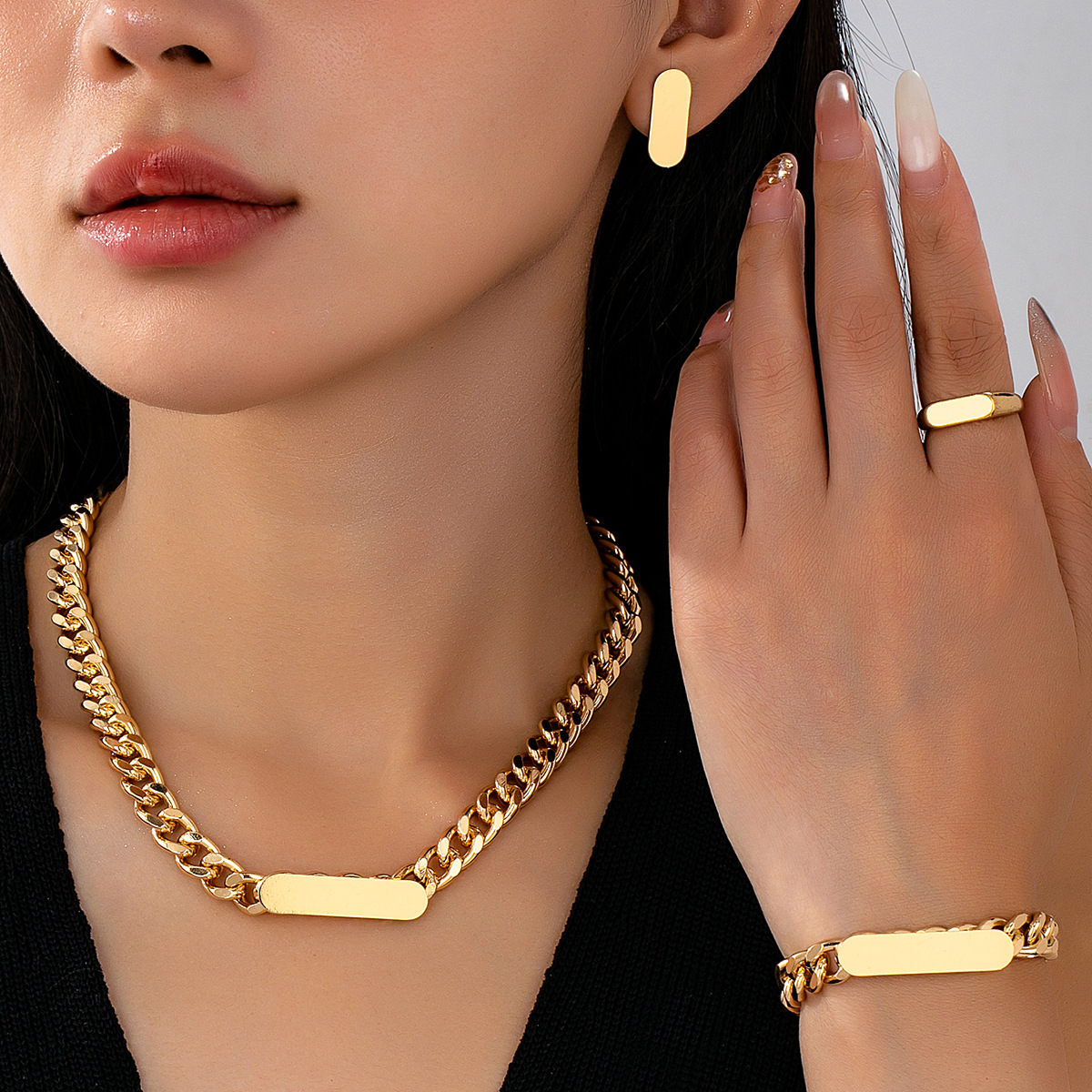 New Independently Developed Cross-Border European and American Style New Fashion Personality Chain Glossy Ring Necklace Bracelet