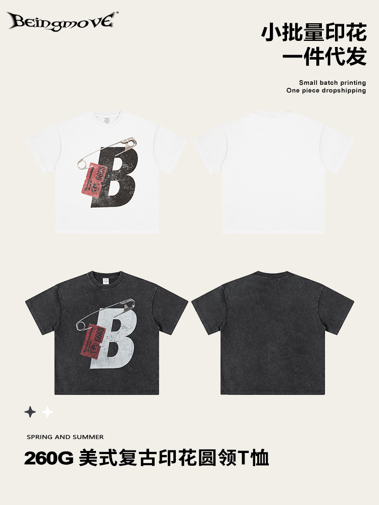 2025 verano estilo de moda americana pin nicho de diseño camiseta de hombre pesada camiseta de manga corta pareja al por mayor