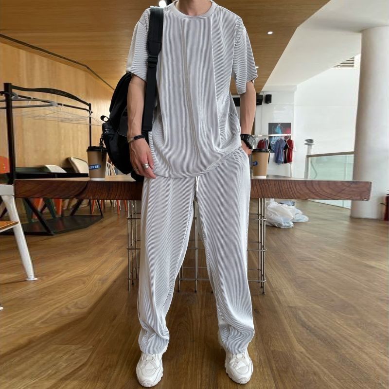 Men's Summer Thin Ice Silk Sports Suit Set: Long Pants and Short-Sleeve T-Shirt with Quick-Drying Clothes