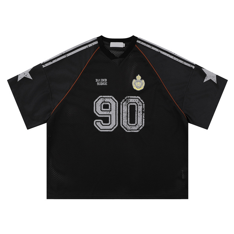YPRS Men's American Style Internet Celebrity Mesh Top 90 Graffiti Star Badge Rugby Jersey Shirt Loose Short Sleeve T-Shirt for Men