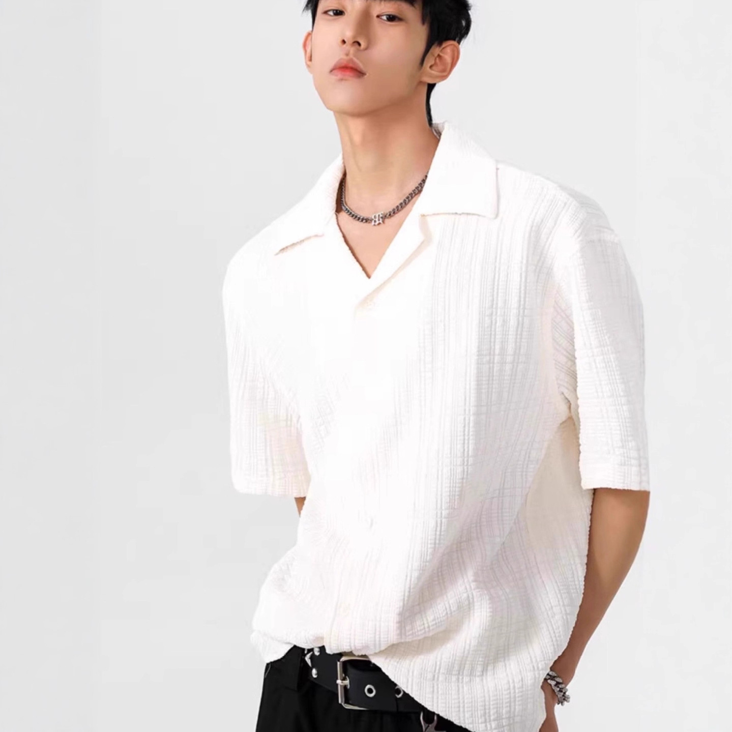 Cuban Collar Textured Shirt Short-Sleeved Men's Summer New Versatile Casual T-Shirt Half-Sleeved Loose High-End Jacket