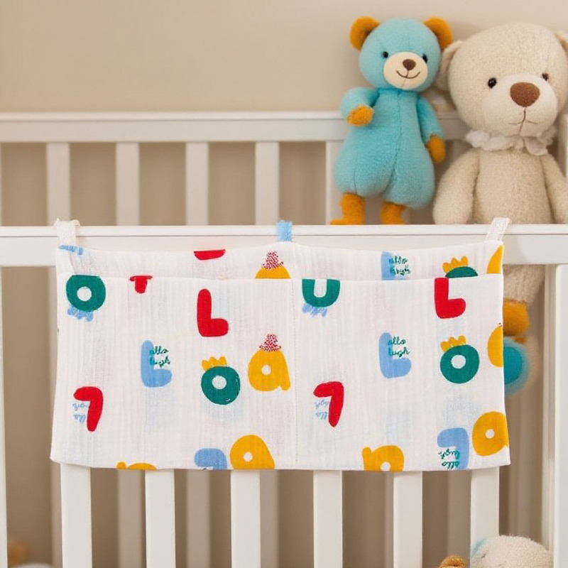 Pure Cotton Baby Bedside Storage Bag with Double Pockets, Stroller Hanging Bag, Printed Baby Bottle Nordic Style Storage