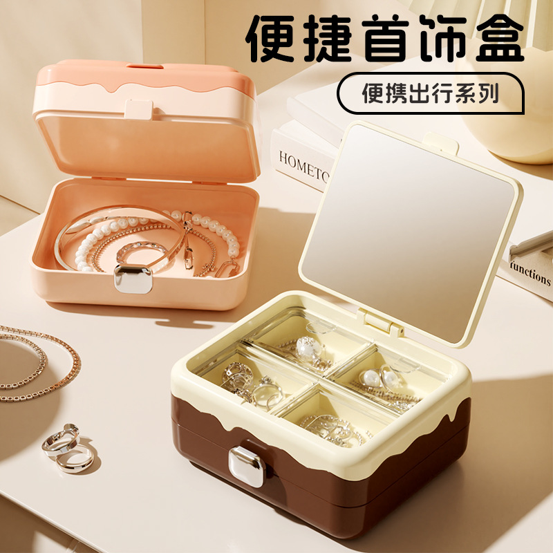 Caja de almacenamiento de joyas con espejo de maquillaje pernos de orejas anillo de almacenamiento portátil exquisita mini caja de joyas multicapa para el hogar