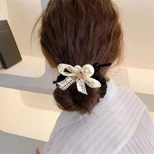 新款碎花蝴蝶结头绳时尚珍珠设计发圈高弹力百搭扎丸子头发绳皮筋