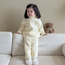 韩版童装2024新款秋季女童纯色毛衣套装高领套头毛衣毛线裤两件套