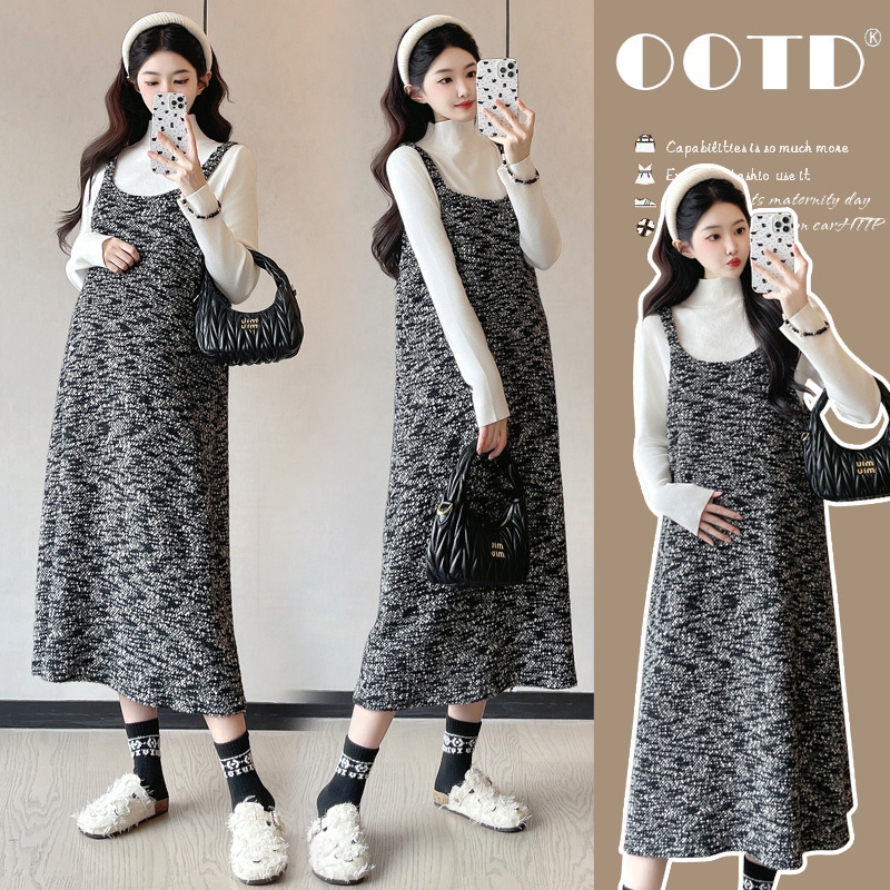 2025 Autumn/Winter Maternity Set: Long-Sleeve Versatile Base Shirt Paired with a Stylish Suspender Skirt, Casual Style Set