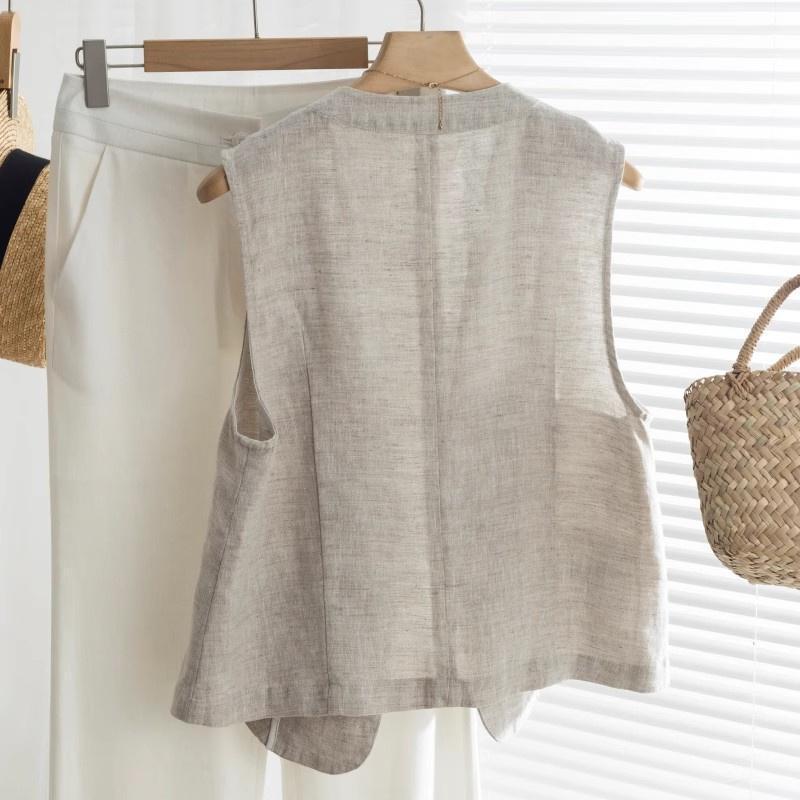 Áo vest gile nữ không tay cổ V chất liệu vải lanh phong cách cổ điển — Màu be chi tiết 13