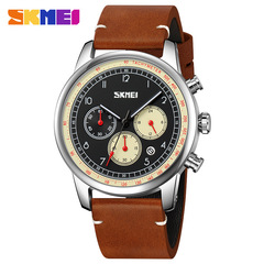 SKMEI Timeless British Style Casual Men's Quartz Watch with Leather Strap, Fashion Business Multi-Dial Men's Wristwatch