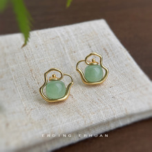 把把胡！设计师款天然石东陵玉茶壶耳钉925银针镀14K个性小众耳饰