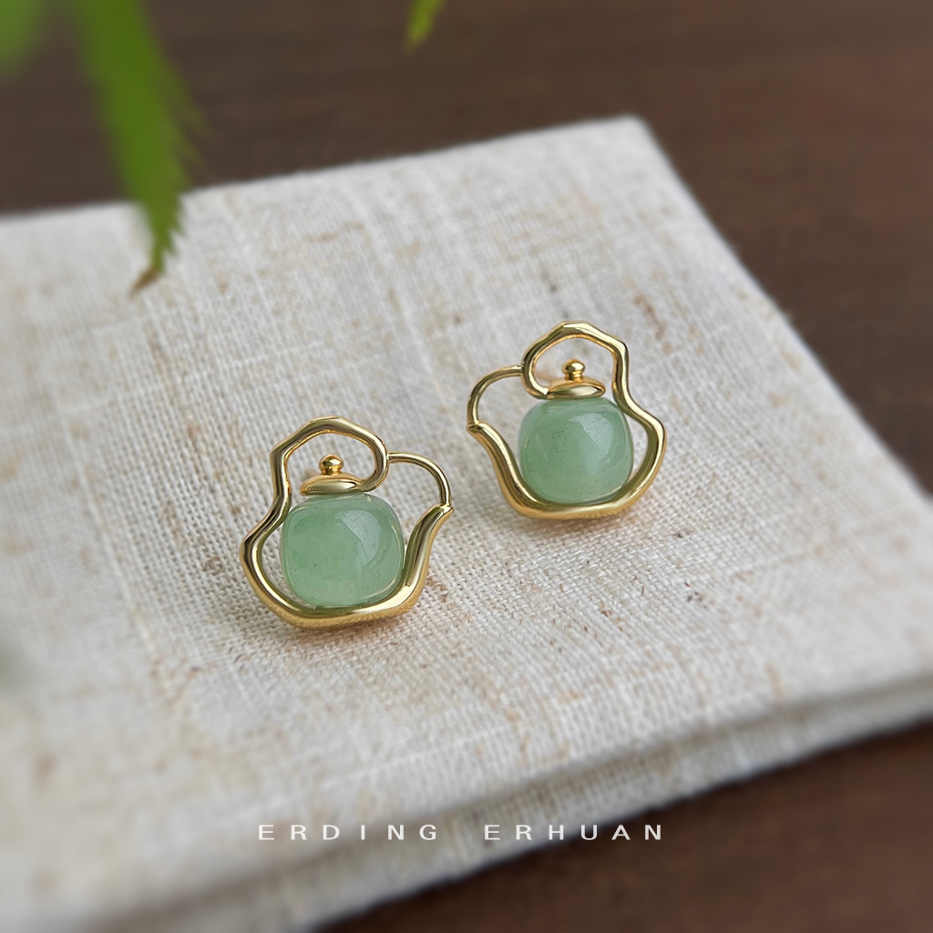把把胡！设计师款天然石东陵玉茶壶耳钉925银针镀14K个性小众耳饰