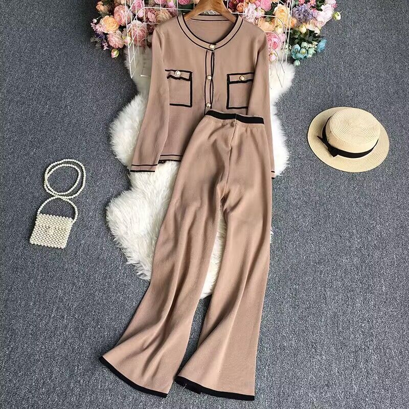 Damenbekleidung, modischer, lässiger Strickanzug für Herbst und Winter, langärmeliges Strickjackenoberteil, weite Hose, zweiteiliges Strickset für Damen_voghion.com