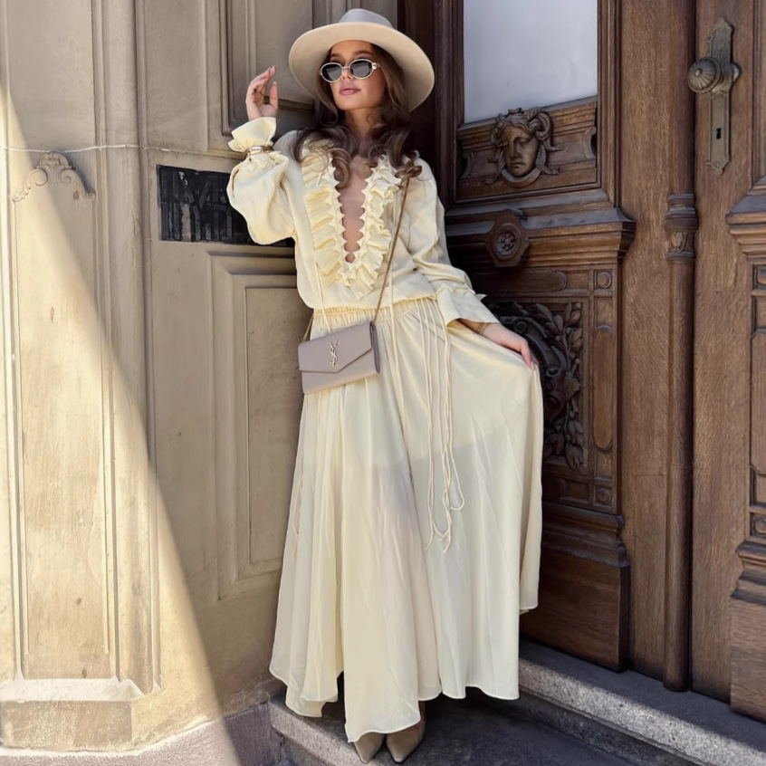 Ruffled Pleated Top And Skirt Elegant Casual Women's Suit - Image 4