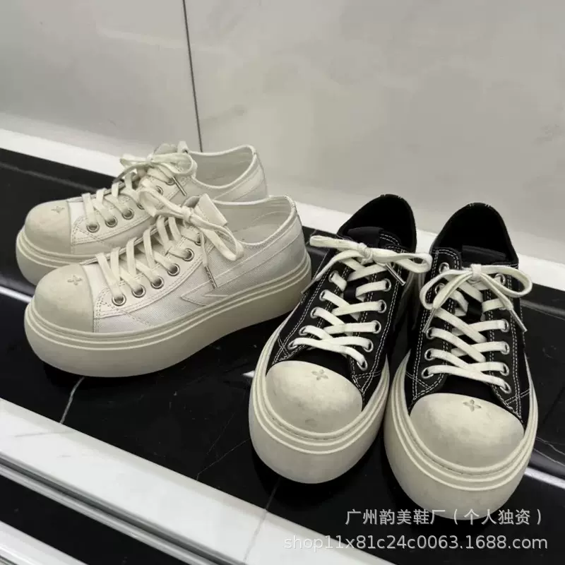 SMFK做旧复古厚底脏脏帆布鞋2025年新款十字花流星球增高小白鞋女