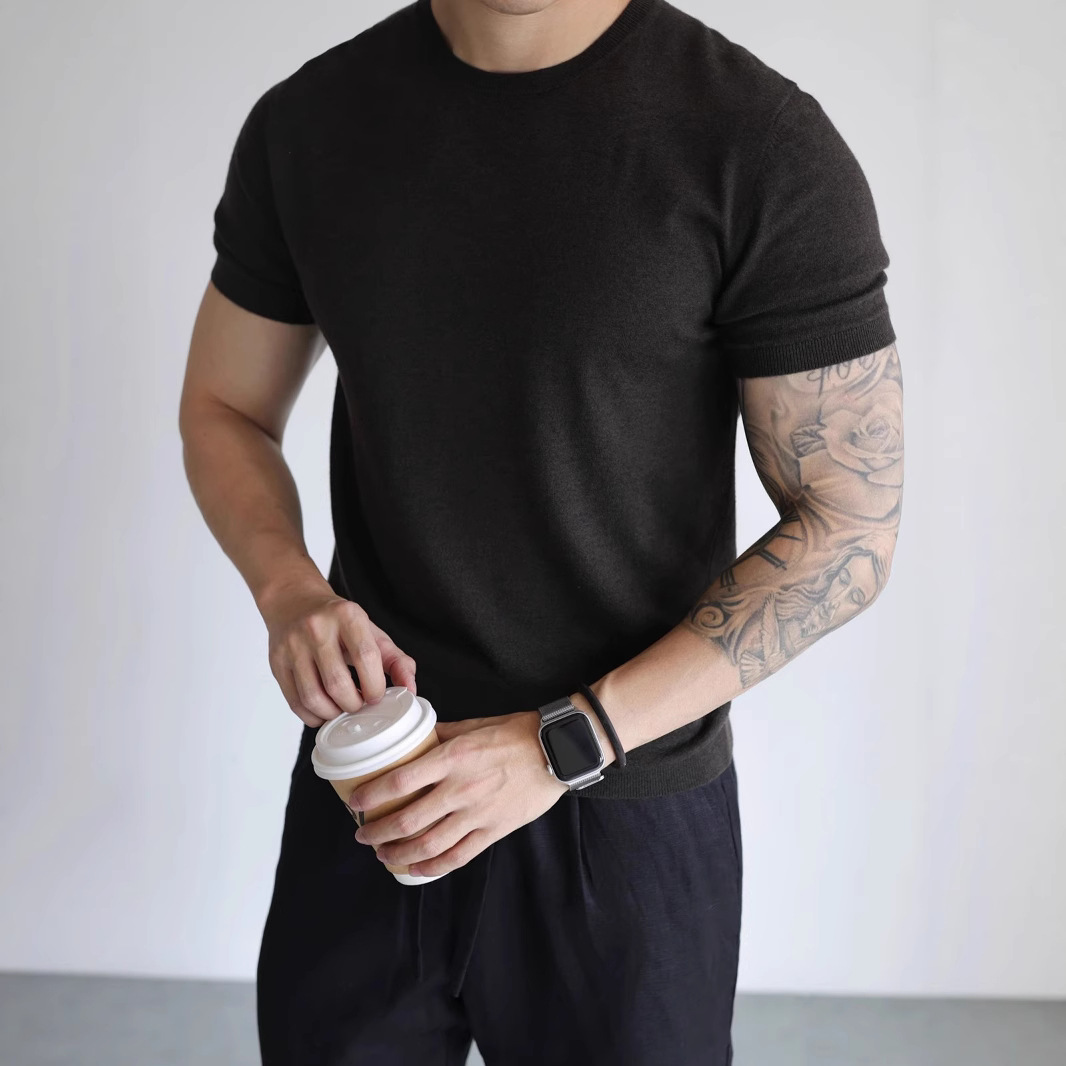 Men's Clothing Men's Style Small Collar Knit Ice Silk T-Shirt Slim Fit Short Sleeve Workwear Sweatshirt Business Commuting Base Layer_voghion.com