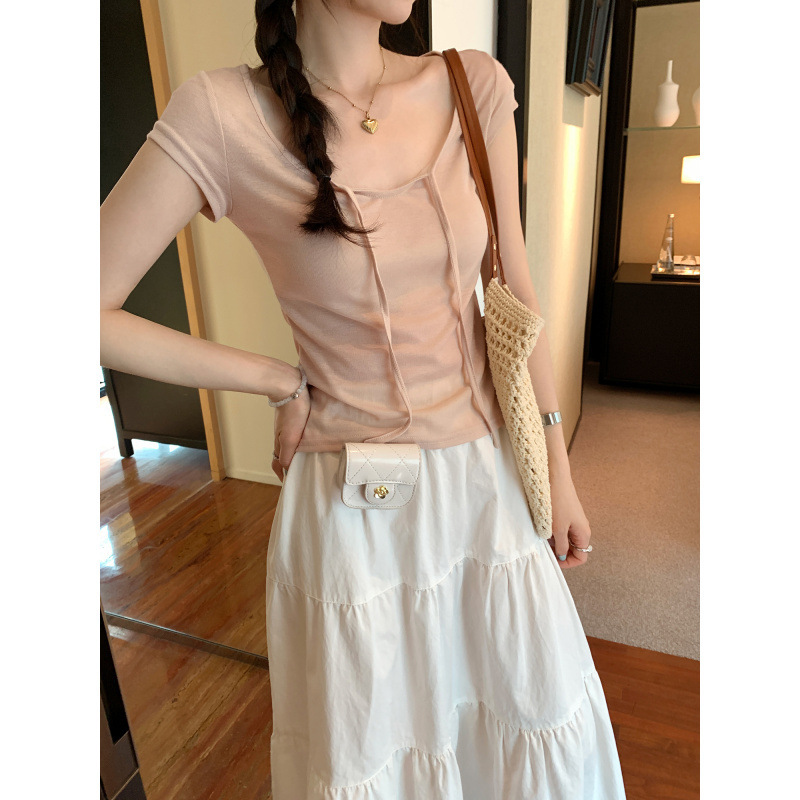 European Style Bow Tie Thin White Right Shoulder Short-Sleeved T-Shirt for Women 2025 New Summer Super Nice Top
