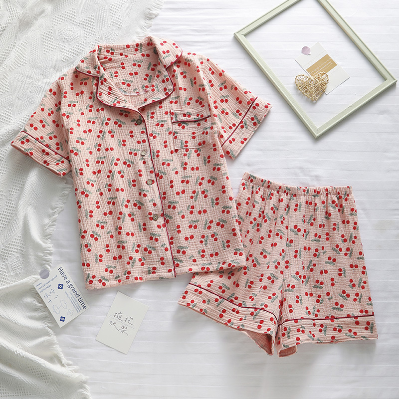 Pure cotton double-layer yarn crepe pajamas summer thin short sleeve shorts split home clothes soft and comfortable a generation of hair