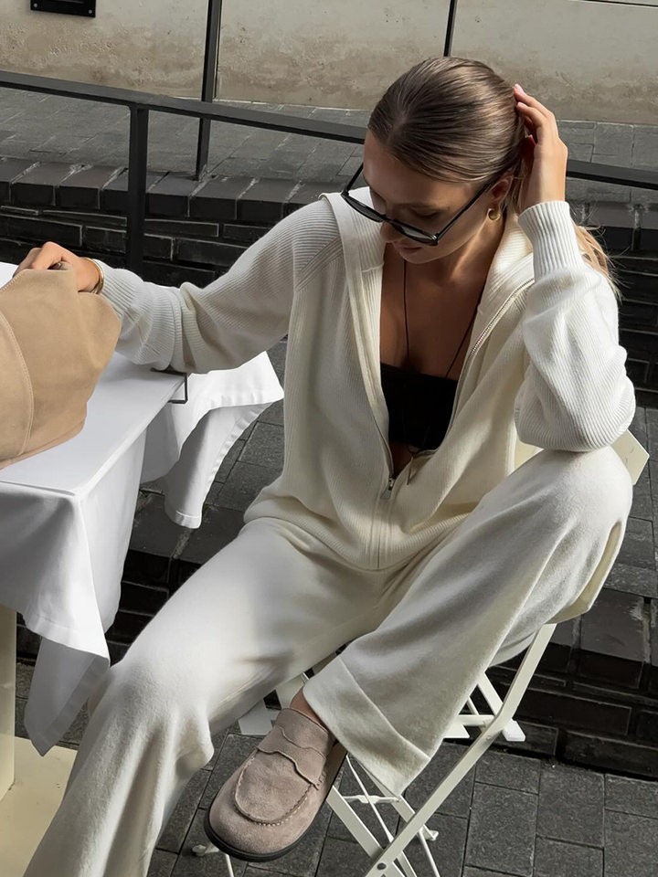 Bộ áo cardigan dệt kim khóa kéo phối quần dài ống rộng nữ — màu bột yến mạch, màu nâu, màu xám, trắng chi tiết 46