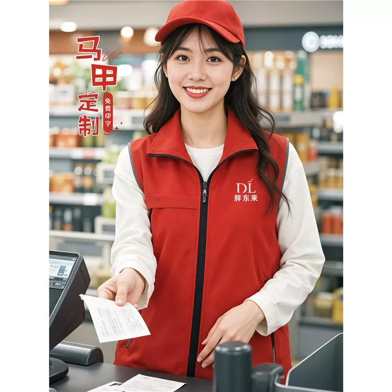超市红色马甲防水耐磨商场水果店收银员美容院宣传促销广告背心