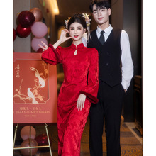 新中式红色旗袍敬酒服新娘改良长袖冬季加绒加厚订婚结婚女高级感