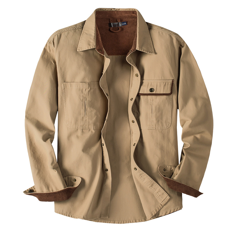 American Size Men's Tooling Pure Cotton Shirt European and American Lapel Corduroy Contrast Top Cross-border Plus Size Loose Shirt