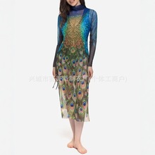 Купальник孔雀连体泳衣两件套防晒长袖网纱裙俄罗斯泳衣
