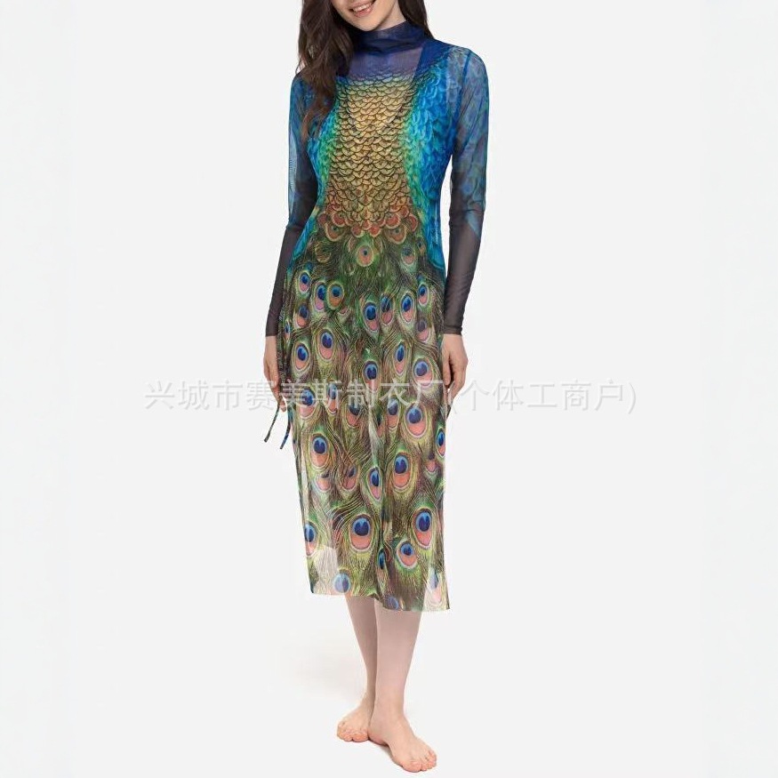 Купальник孔雀连体泳衣两件套防晒长袖网纱裙俄罗斯泳衣