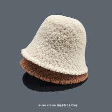 羊羔毛漁夫帽女秋冬保暖韓國網紅時尚純色盆帽百搭包頭毛絨帽子潮