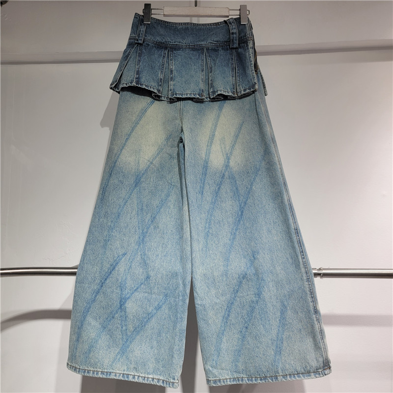 Vintage coreano hace jeans de color antiguo primavera y otoño para mujeres pantalones largos de piernas anchas pantalones falsos de dos piezas de pantalones delgados image 4