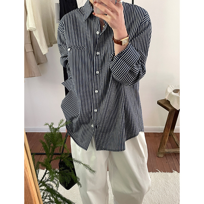 2025 Autumn New Women's Lapel Long Sleeve Striped Cardigan Top Korean Style Casual Loose Shirt Women Wholesale