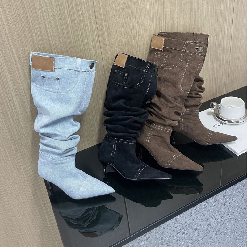 2024 New Autumn Style Pointed Toe Stiletto Pleated High Denim Slim Sexy Nightclub Martin Female Knight Boots
