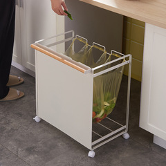 Iron art classification garbage rack three-compartment mobile pulley dry and wet classification garbage hanger indoor and outdoor garbage bag storage rack