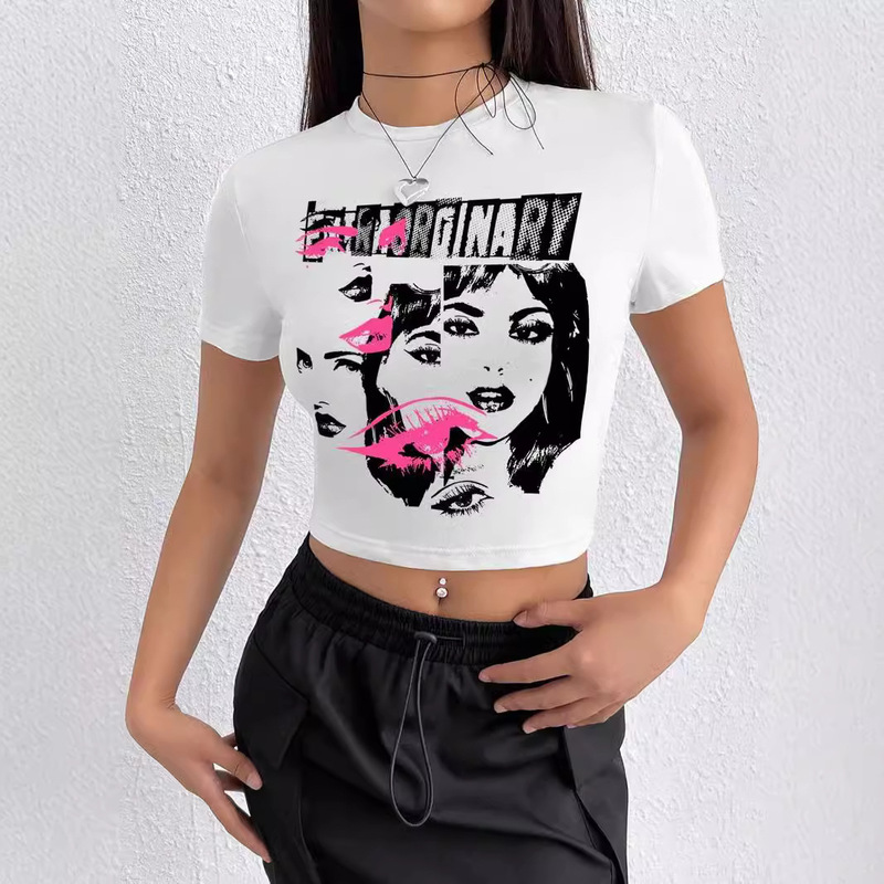 European and American Cross-border Amazon AliExpress Women's Slim-fit Round Neck Tight Printed Short-sleeved T-shirt Street Sweet and Spicy Top